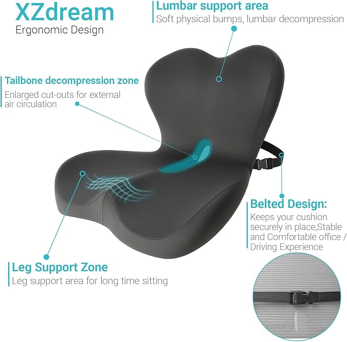 Memory Foam Seat Cushion,Office Chair Cushion with Lumbar Support for Back Pressure Relief,Sciatica,Non Slip Car Seat Cushion with Strap,Pad Orthopedic Cushions for Car,Truck,Desk (D-Dark Grey)