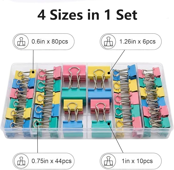 Binder Clips Assorted Sizes, 140 PCS Colored Binder Paper Clips Office Clips Office Supplies Desk, 4 Sizes Cute Binder Clips Large Medium Binder Clip Small Paper Clips Medium Paper Clamps (Colored)