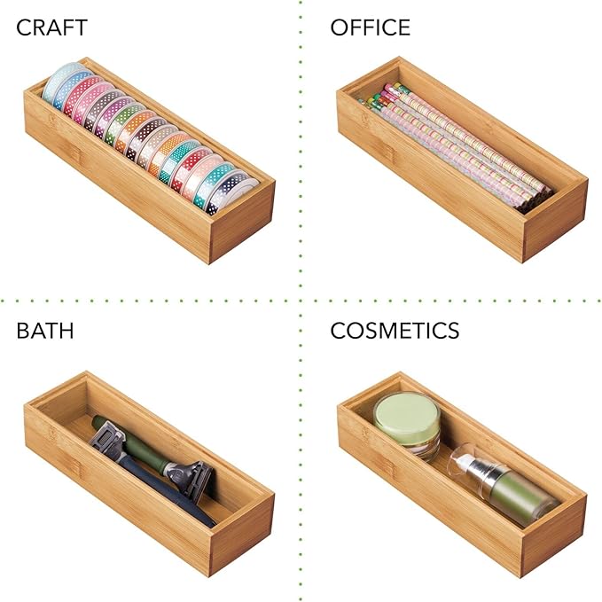 mDesign Wooden Bamboo Office Drawer Organizer Box Tray, Stackable Storage for Drawers, Cabinets, Shelves, Cubby, or Desktop, Hold Pens, Pencils, Supplies, Echo Collection, 2 Pack, Natural Wood Finish