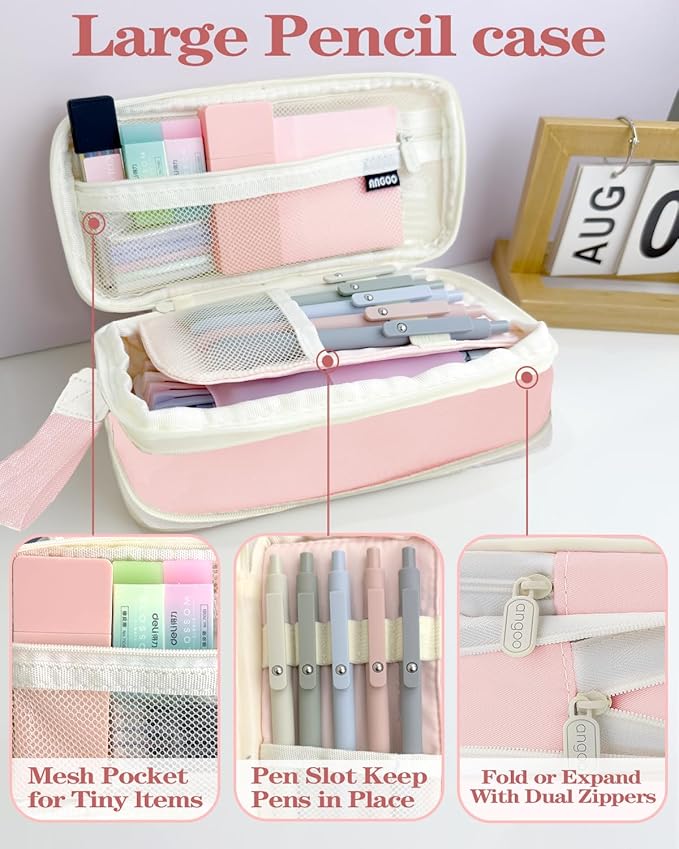 54Pcs Aesthetic School Supplies Set with Large Pastel Pencil Case 12 Dual Tip Highlighters, 6 Gel Pens, 5 Black Pens, 5 Mechanical Pencils (0.5-2.0mm) for Students Stationary College Essentials Gifts