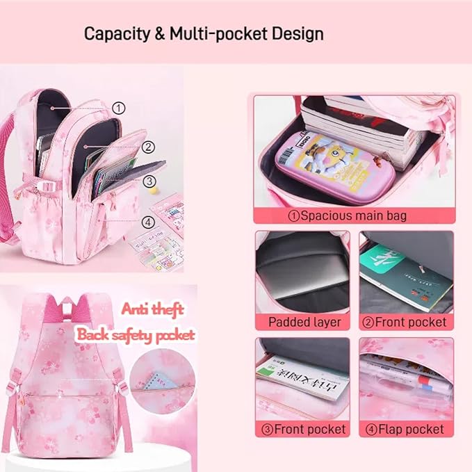 3Pcs Set Backpacks for Girls Teen, Cute Flowers School Bag Girls Bookbags with Lunch Box Pencil Bag, Multi-Pockets Kids Backpack for Elementary & Middle School, Pink