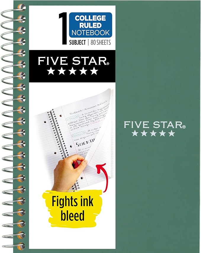 Five Star Spiral Notebook, 1 Subject, College Ruled Paper, 4-3/8" x 7", Personal Size, 80 Sheets, Fights Ink Bleed, Water Resistant Cover, Seaglass Green (450048CH1-ECM)