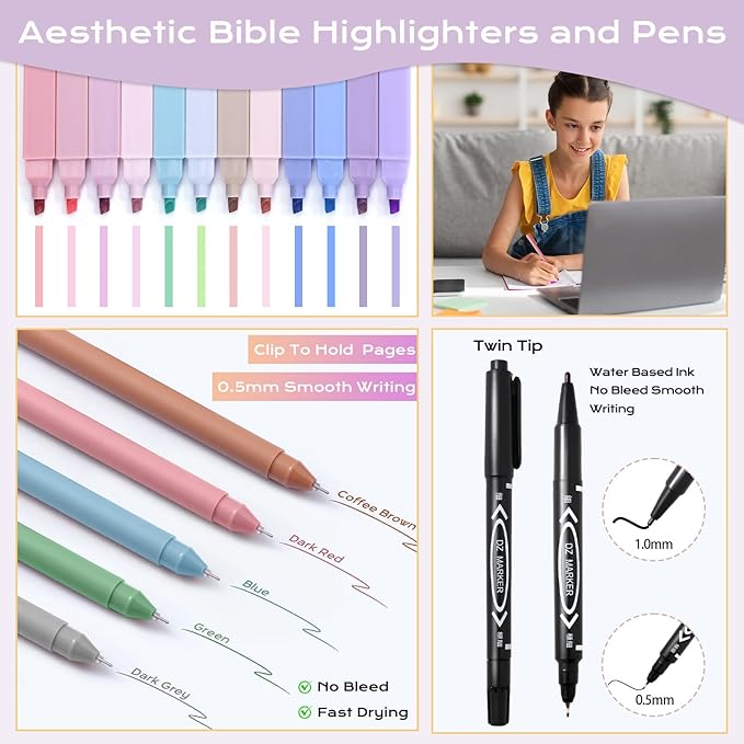 XKDOUS Bible Study Supplies Journaling Kit, Morandi Colored Bible Study Kit Journaling Supplies with 12 Pastel Highlighter and 90 Index Tabs Set, 5 Smooth Pens and More, Christian Gifts for Women