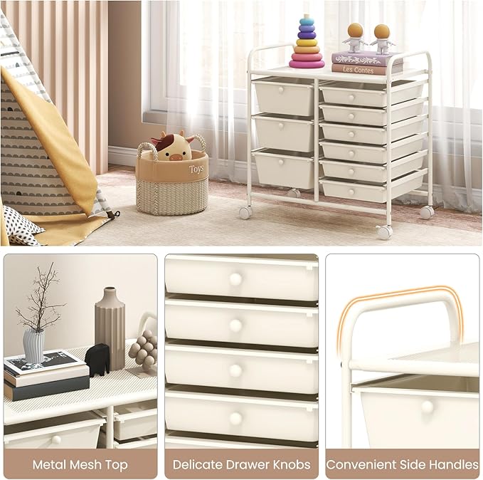 COSTWAY Rolling Storage Cart with 9 Drawer, Mobile Utility Cart with Metal Frame, Art Supply Craft Organizer, Multipurpose Storage Organizer for Paper, Office, School Teacher, Classroom, White