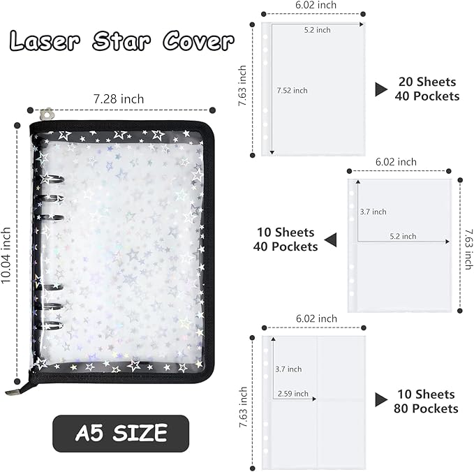 Sticker Storage Organizer Binder A5 Sticker Collecting Book Reusable Zipper Album with Clear Laser Star Cover and Pocket Pages (Black)