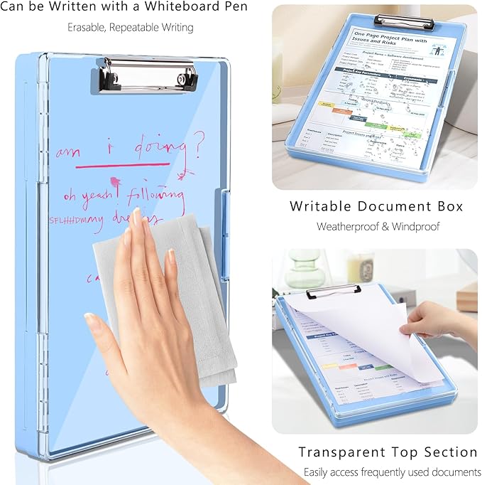 SFLHHDM Clipboard with Storage,Heavy Duty Clip Boards 8.5x11 with 2 Storage Case,Clear Visible Panel Storage Clipboards,Side Opening Nursing Clipboard Folder for Office Supplies-Aqua Blue