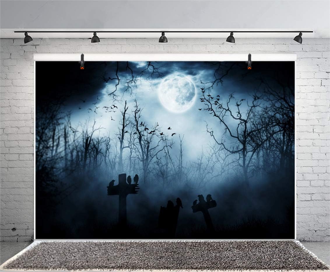 AOFOTO 10x8ft Moon Night Halloween Cemetery Photography Backdrop Flying Bats Birds Stand on Gravestone Cross Graveyard in Dark Forest Photo Background Cloth Vinyl Wallpaper Photo Studio Props