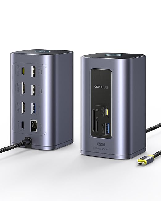 Baseus Docking Station Dual Monitor, Nomos Win Air(12 in 1) Laptop Dock, 2*4K HDMI, 10Gbps USB Ports, 1Gbps Ethernet, PD 100W(No Power Adapter), USB C Docking Station for Dell/HP/Lenovo/Asus/Acer/Mac
