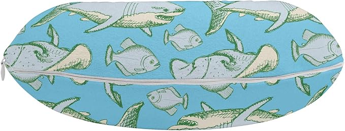 Ambesonne Shark Travel Pillow Neck Rest, Sea Creatures in Vintage Style Swimming Flatfish Stingray and Jellyfish, Memory Foam Traveling Accessory for Airplane and Car, 12", Pale Blue Grey Green