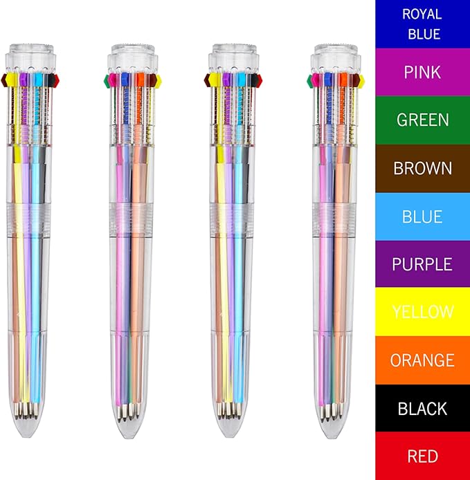 HeTaoCat Multicolor Pens 3 Pack 0.5mm 10-in-1 Retractable Ballpoint Pens - 10 Colors Transparent Barrel Ballpoint Pen for Office Supplies (Transparent)