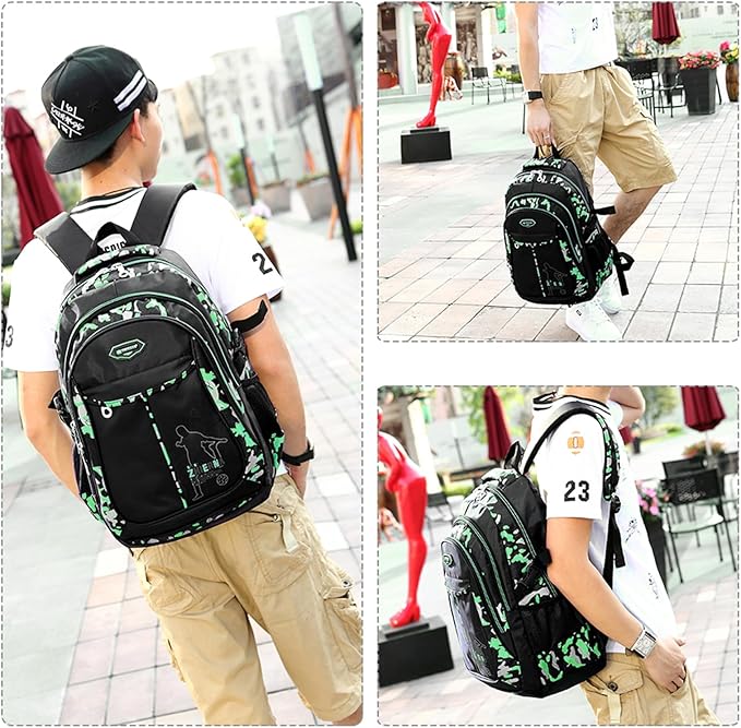goldwheat School Backpack for Boys Cool Camouflage Bookbags with Lunch Box Pencil Case 3pcs for Middle School, Green