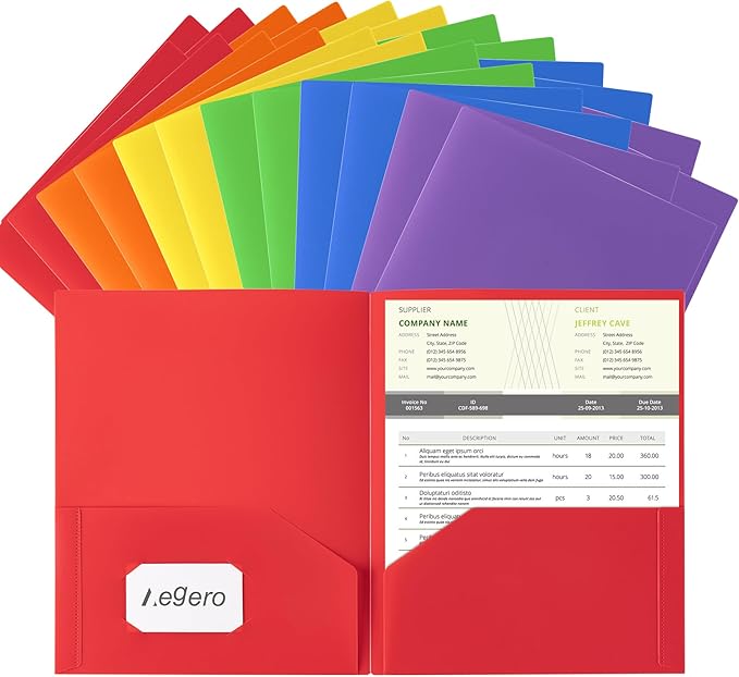 Plastic Folders with Pockets (24 Pack, Assorted Colors), Durable Heavy Duty File Folders with Business Card Slot, 2-Pocket Folder for Schoolwork & Office,Letter Size