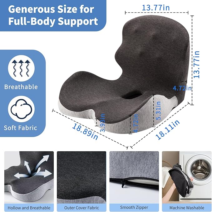 Memory Foam Office Chair Cushion, Ergonomic Seat Cushion with Lumbar Support, Extra Thick L-Shaped Integrated Seat Cushions with Adjustable Strap, for Gaming, Car Seat Cushion(Gray Stitching)