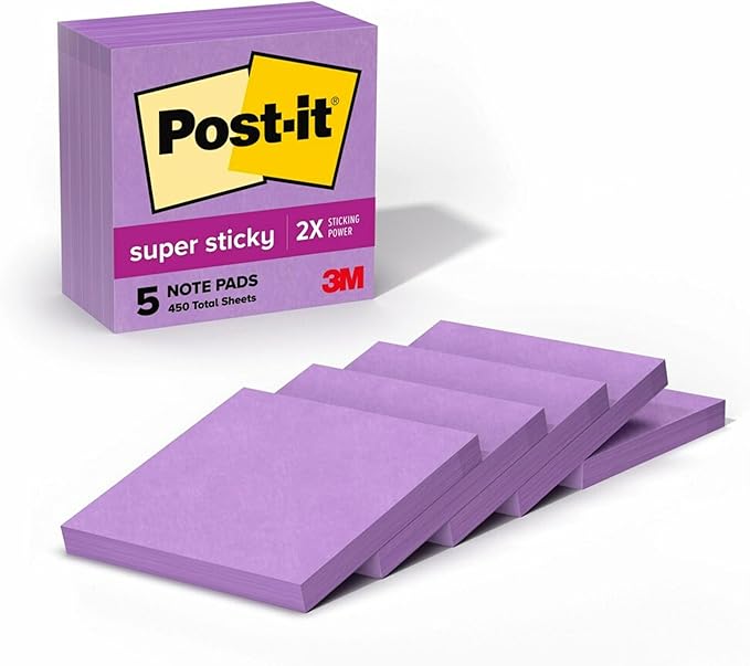 Post-it Super Sticky Notes, 5 Sticky Note Pads, 3 x 3 in., Ideal for Organization in Your Dorm, Home or Office, Single Color Packs Collection, Purple Iris