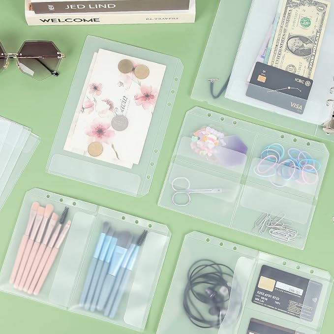 30pcs A5 Binder Pocket no Zipper Budget Planner Inserts Bulk Clear Budget Binder Organizer Cash Envelopes for Budgeting Waterproof PVC Loose Leaf Bags Card Sleeves for 6 Ring Notebook