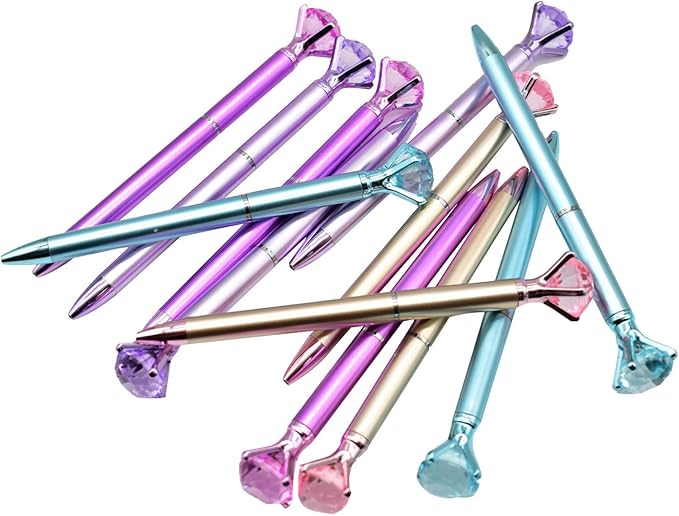 Maydahui 12 PCS Big Diamond Retractable Ballpoint Pen with 12 PCS Pen Refills Gem Pens Rhinestones Crystal Bling Plated Metal Color Black Gel Ink Ballpen for Women Students Girls