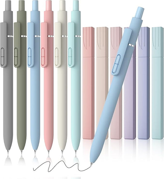 12 Pack Gel Pens, 0.7mm Black Ink Fine Point Smooth Writing with Aesthetic Highlighters, Quick-Dry Long-Lasting Pens Set for Journaling School Office Supplies (6 Pens + 6 Highlighters)