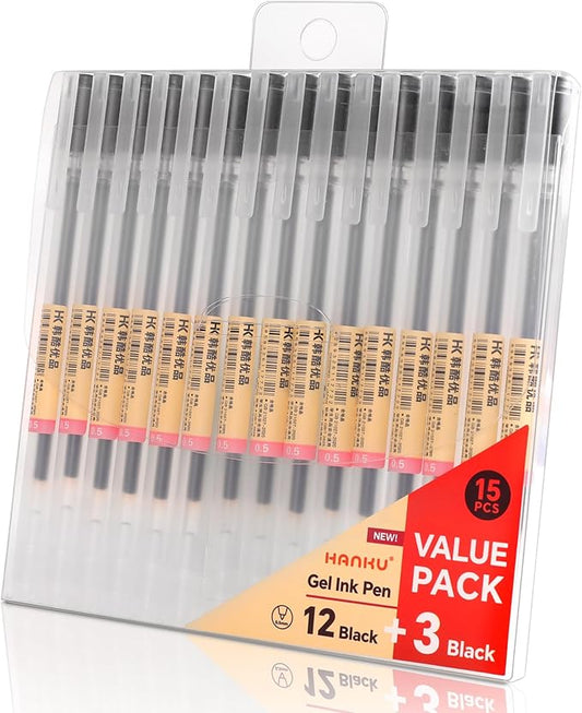 15 Pack Black Ink Gel Pens, 0.5 mm Fine Point Pen No Bleed Through, Japanese Style Smooth Writing Fine Tip Pens for Journal Planners, Note Taking, School Office Supplies