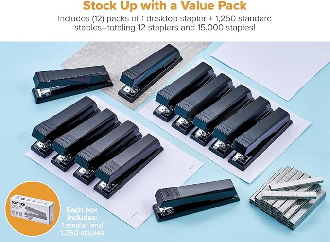 Bostitch Office Stapler, No-Jam Premium for Desktop, Includes 15,000 Staples, Full-Strip, 25 Sheet Capacity, Black, Pack of 12