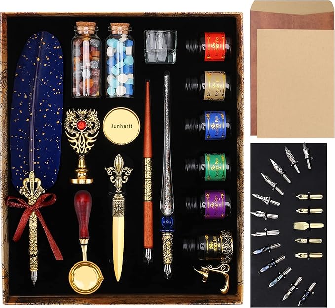Quill Feather Pen and Ink Set, Calligraphy Pen Glass Dip Pen and Wax Seal Stamp Kit (Navy Blue)