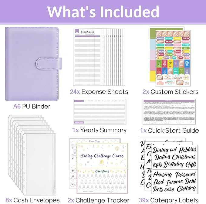 Sooez Budget Binder with Money Saving Challenge, Money Saving Binder with Cash Envelopes, Expense Sheets, Challenge Tracker & Category Labels, Envelope Savings Challenges Book for Home Office School