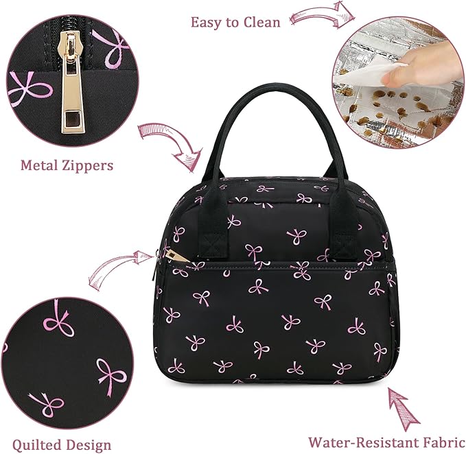 CAMTOP Lunch Box for Women Men Insulated Lunch Bag Lunch Tote Bag Leakproof Thermal Cooler Large Capacity for Travel Work School Picnic (Black Pink Bow)