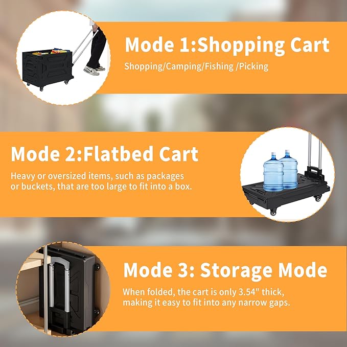 VECELO 23 GAL Large Capacity Foldable Utility Cart with Wheels - Heavy Duty Collapsible Rolling Cart for Shopping, Travel, Office & Home - Portable Luggage Cart with Telescoping Handle, Black