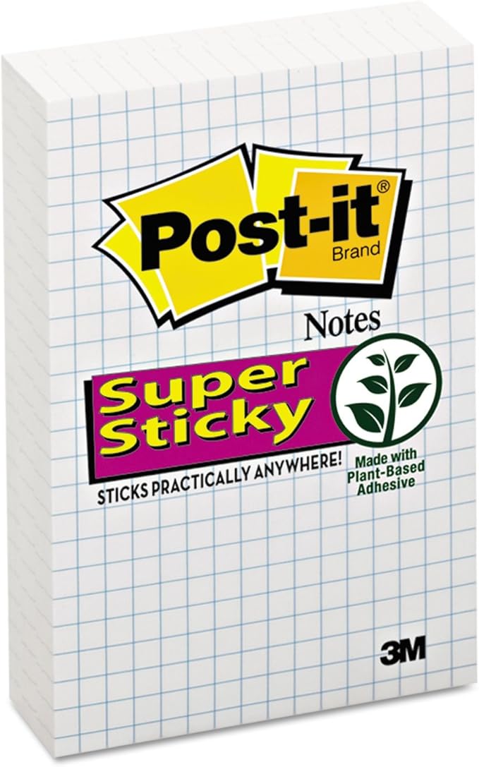 Post-it Super Sticky Notes, 4x6 in, 3 Pads, 2X The Sticking Power, White with Blue Grid Lines, Recyclable (660-SSGRID)
