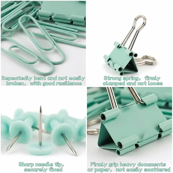 45 Pcs Metal Binder Clips Set with Pushpins,Cute Green Desk Supplies Multi-Size Binder Clips,Glossy Tacks, and Reusable Paper Clips.Portable case for School/Office.Perfect Green Desk Accessory Gift