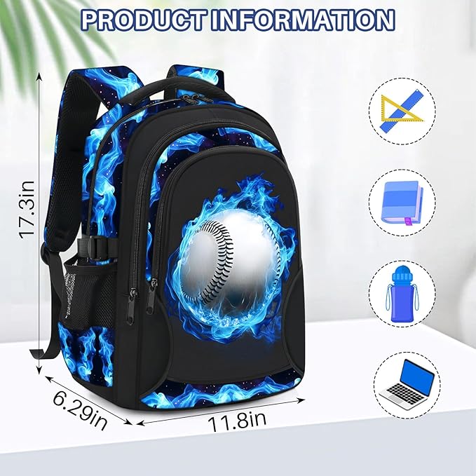 Kids Backpack for Boys - Baseball Boys Backpacks for Kids Teens Elementary Middle School, 17″ Large Capacity Students Bookbag, Perfect for Travel and School