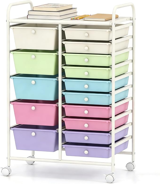 COSTWAY 15 Drawers Rolling Storage Cart, Multipurpose Utility Cart on Wheels w/Lockable Wheels & Removable Drawers, Mobile Tools Scrapbook Paper Organizer for Office School Home, Ice Cream Colorful