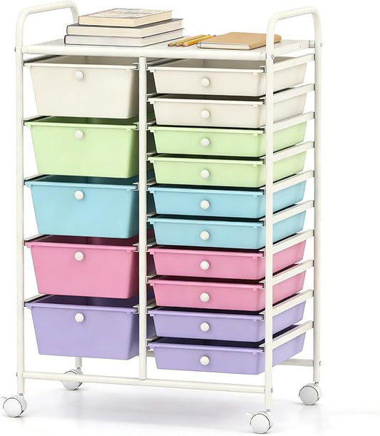 COSTWAY 15 Drawers Rolling Storage Cart, Multipurpose Utility Cart on Wheels w/Lockable Wheels & Removable Drawers, Mobile Tools Scrapbook Paper Organizer for Office School Home, Ice Cream Colorful