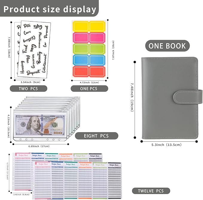 NICOOTHBudget Binder Cash Envelopes A6 Money Saving Binder with Zipper envelopes (Full Grey)
