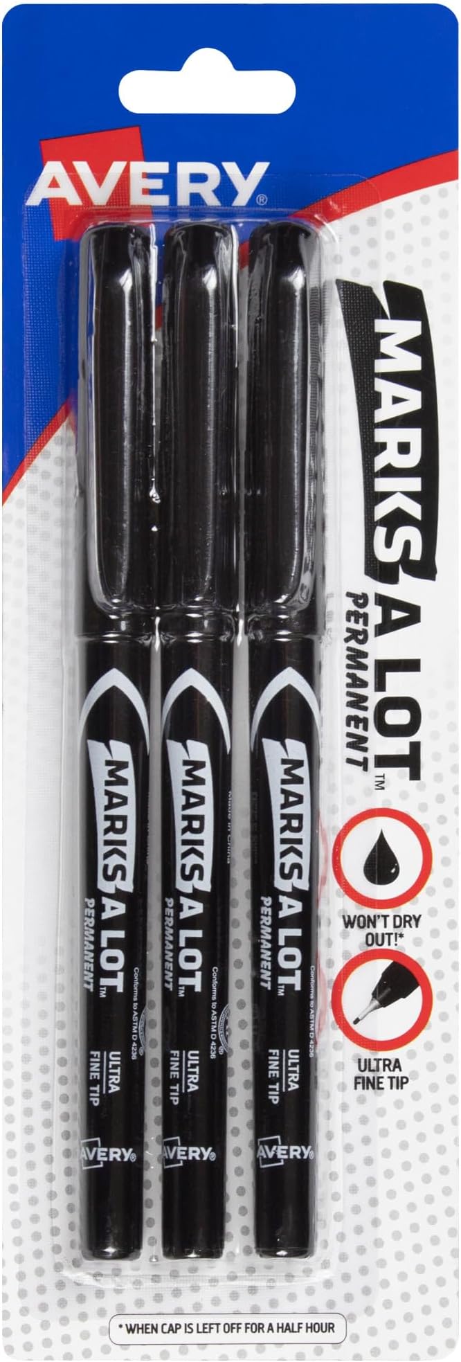 Avery Marks-A-Lot Permanent Markers, Ultra Fine Tip, Water and Wear Resistant, 3 Black Markers (09230)