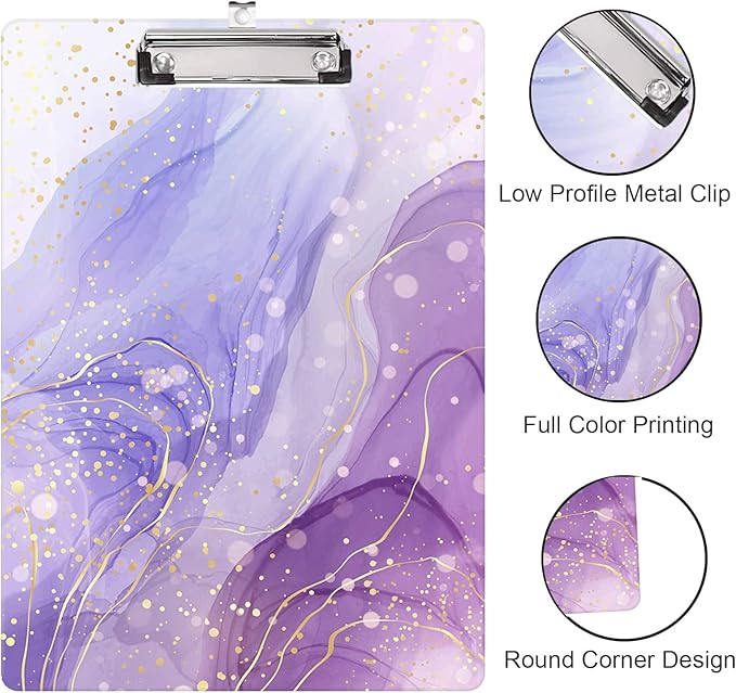 Fashion Clipboard, A4 Letter Size Wooden Decorative Clipboards for Teacher, Nurse, Doctor,Student and Kids, Cute Design for Standard Size 12.2" x 8.9"(C-Light Purple Marble)