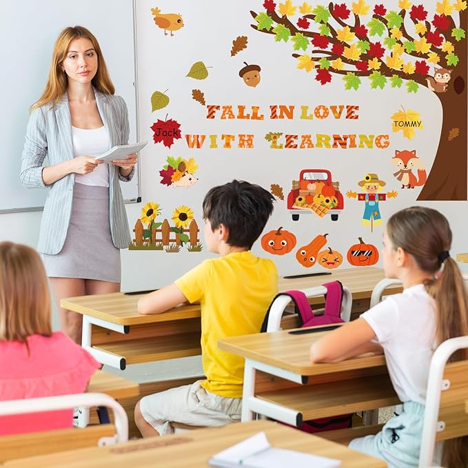 120Pcs Fall Bulletin Board Decorations - Fall in Love with Learning Thanksgiving Autumn Scarecrow Pumpkin Cutouts for Classroom School Office Home Wall