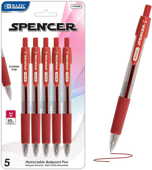 BAZIC PRODUCTS Gel Pens, Spencer Retractable Gel Pen, 1.0 mm Bold Tip for Smooth Writing for Office, School, or Teacher Use, Premium Writing Pens (5/Pack), 24-Pack