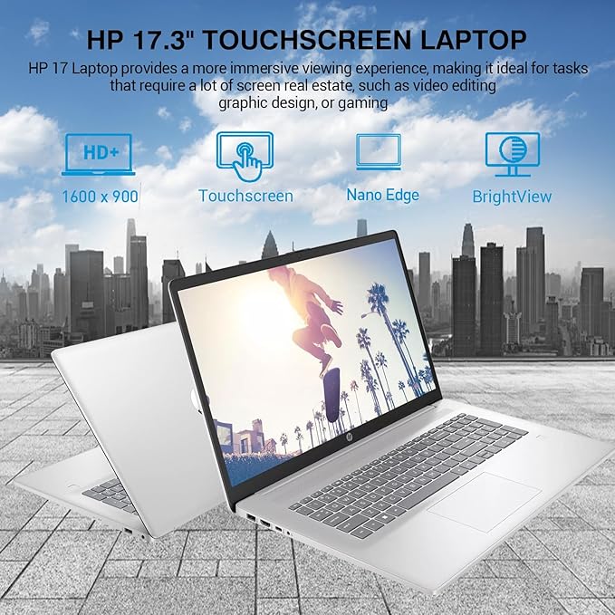 HP 17 Touchscreen Laptop Computer, 17.3” HD+ Touch Screen Laptop Notebook PC, Intel 10-Core i7, 64GB RAM 1TB SSD, Windows 11 Pro, 10 Key Backlit Keyboard, Fingerprint Reader, Wi-Fi 6