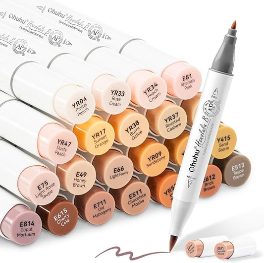 Ohuhu Skin Tone Alcohol Markers Brush Tip - 24 Portrait Skin Color Markers for Artist Adults Coloring Illustration - Fine and Brush Dual Tips - Honolulu B - Refillable - AP Certificated