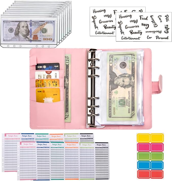 NICOOTHBudget Binder Cash Envelopes A6 Money Saving Binder with Zipper envelopes (Pink)