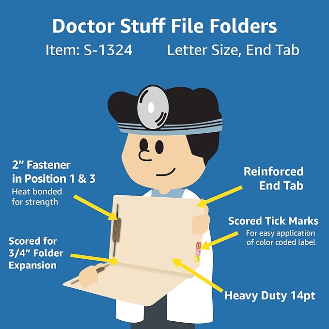 Medical File Folders with 2 Fasteners, Doctor Stuff, Letter Size, Reinforced End Tab Folders with 2” Bonded Fastener on Inside Front and Back, 14 pt Manila Stock, Carton of 250