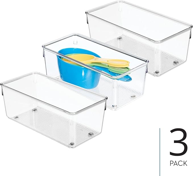 iDesign Plastic Drawer Organizer for Kitchen, Bathroom, and Desk Drawers, Set of 3, Clear