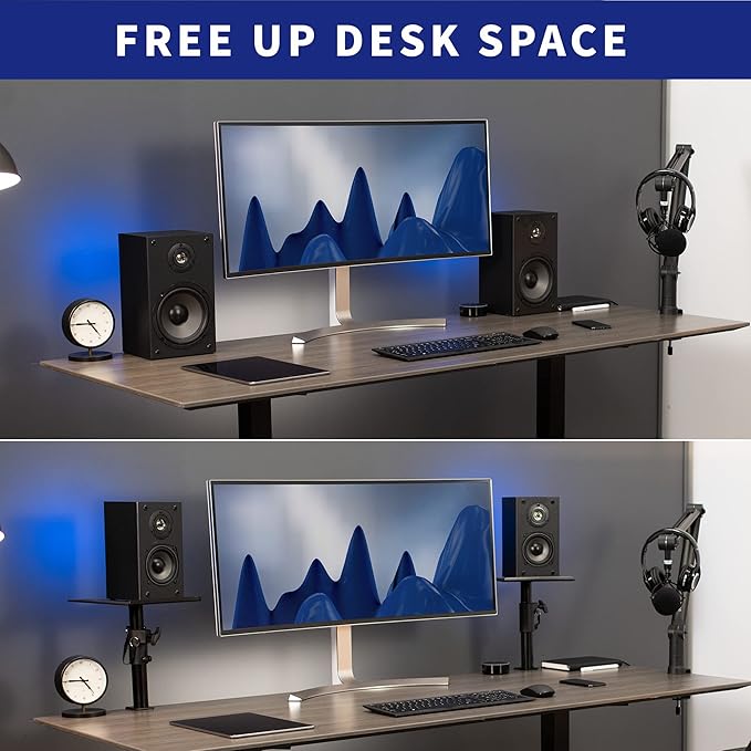 VIVO Clamp-on Speaker Stand Desk Mount Set, 10 x 9 inch Trays, Height Adjustment and Tilt, Universal Audio Holders for Computer and Bookshelf Speakers, Elevated Sound, 2 Pack, Black, MOUNT-SP01CB