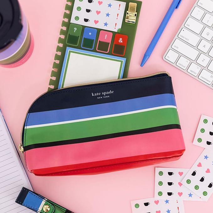 Kate Spade New York Zipper Pouch Filled with Planner Stickers and Accessories, Set Includes Notepad, Sticker Tabs, Black Ink Pen and Holder, Vegan Leather Accessory Bag, Sunny Day Stripe