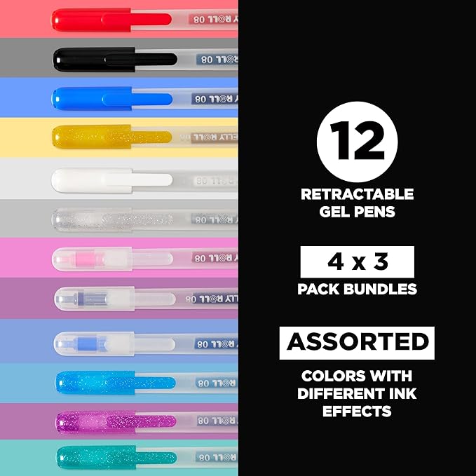 SAKURA Gelly Roll Retractable Gel Pens Colored - Classic, Craft, Stardust & Metallic - For Journaling, Art, or Drawing - Medium Point - With Assorted Colored Ink - 12 Pens