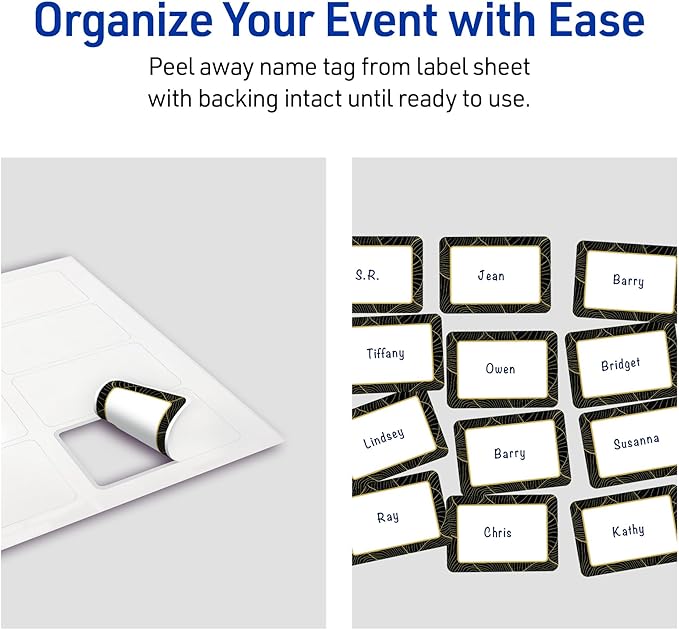Avery Printable Rectangle Adhesive Name Badges, Pre-Printed Black Border with Gold Pattern, Matte White, 2-1/3" x 3-3/8", Laser & Inkjet Compatible, 80 Total, Great for Branding, Marketing, and Events