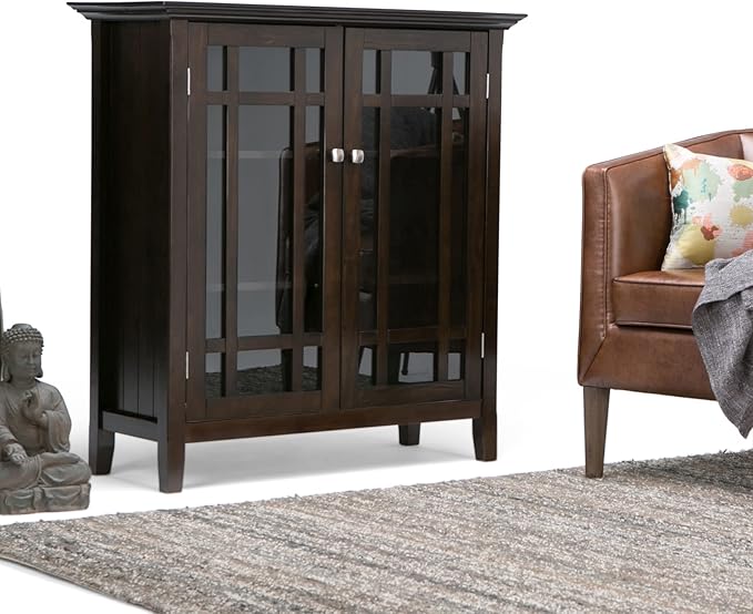 SIMPLIHOME Bedford Storage Cabinet - 39 inch Wide Solid Wood Medium Cabinet in Dark Tobacco Brown, Transitional Console for Living Room, Entryway, or Dining Room with Glass Doors and Shelves