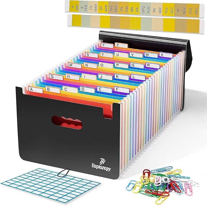 Plastic Accordion File Organizer, 26 Pockets Expandable File Folder Organizer, A4 Letter Size Filing Organizer with Colorful Tabs, Elastic Cord, 60 Paper Clip, Label & Stickers for Office School Home