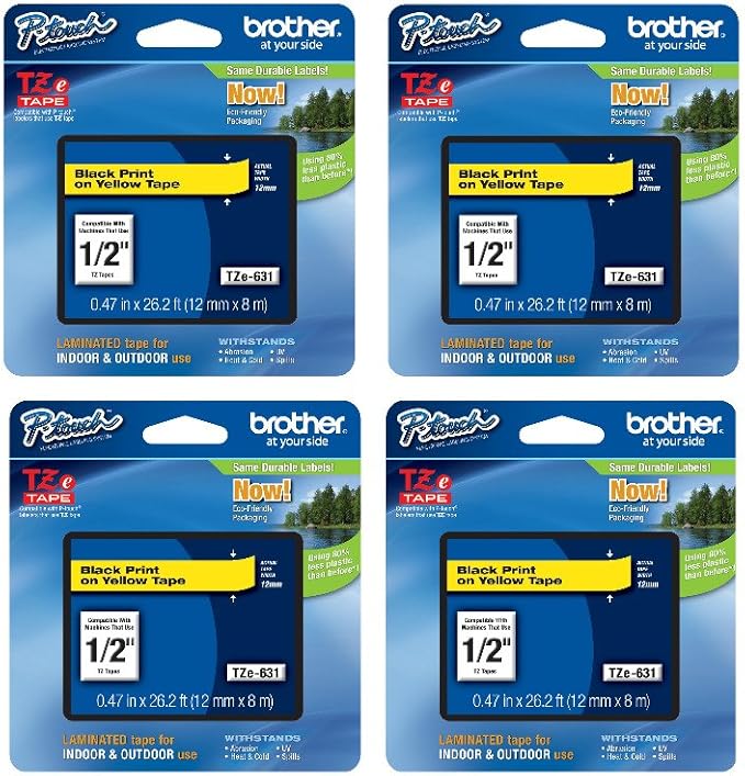 Brother Genuine TZe-631 1/2" Black on Yellow Standard Laminated Tape for P-Touch Labeler, 4 Pack
