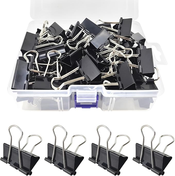 60 Pack Binder Clips Medium, 1.25 Inch/32mm Black Binder Paper Clips with Container,Big Paper Clamps for Office Supplies, Home, School,Business Document Organizing Paperwork (Black)
